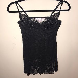 Black lace teddy with thigh slit & embellishments